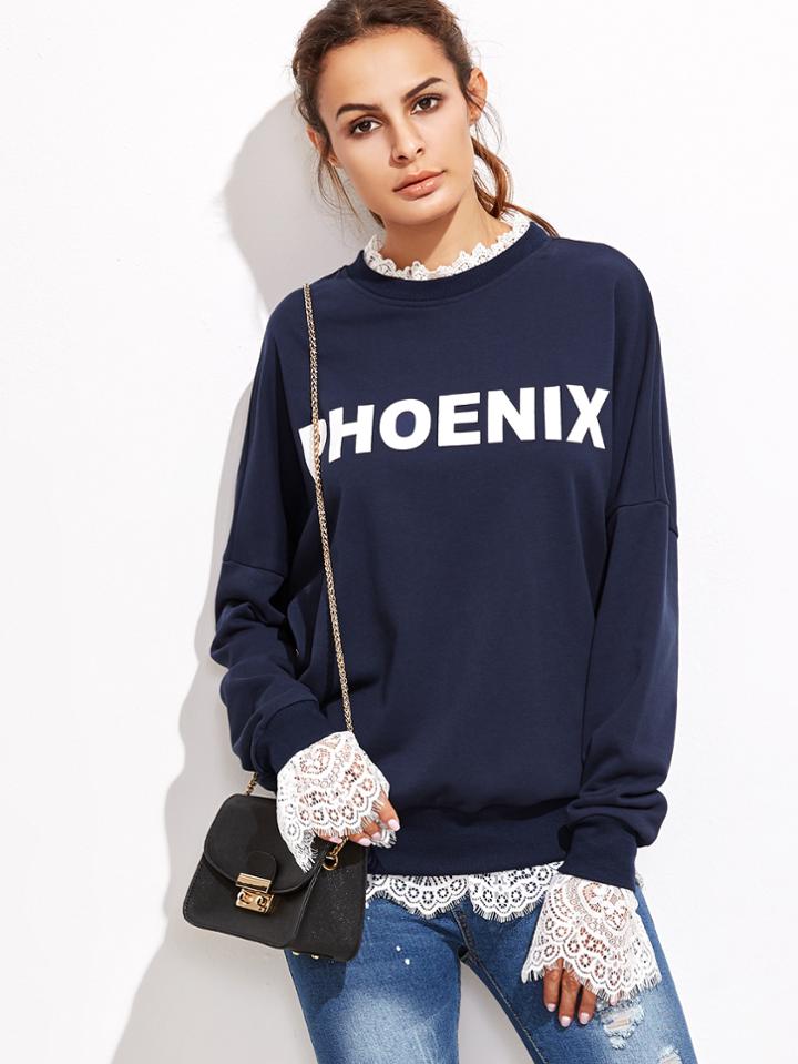 Romwe Navy Letter Print Eyelash Lace Trim Sweatshirt