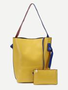 Romwe Color Block Pu Tote Bag With Clutch