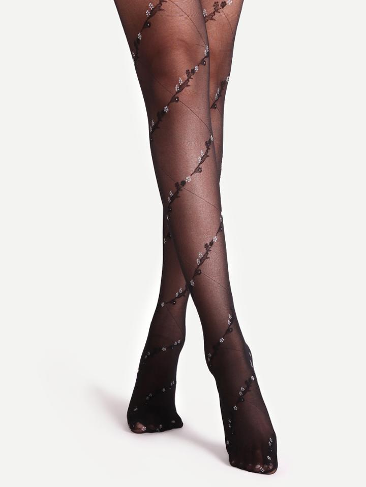 Romwe Black Floral Jacquard Spiral Design Sheer Pantyhose Stockings