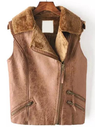 Romwe Lapel Zipper Pockets Suede Camel Vest