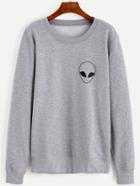 Romwe Grey Alien Print Long Sleeve Sweatshirt