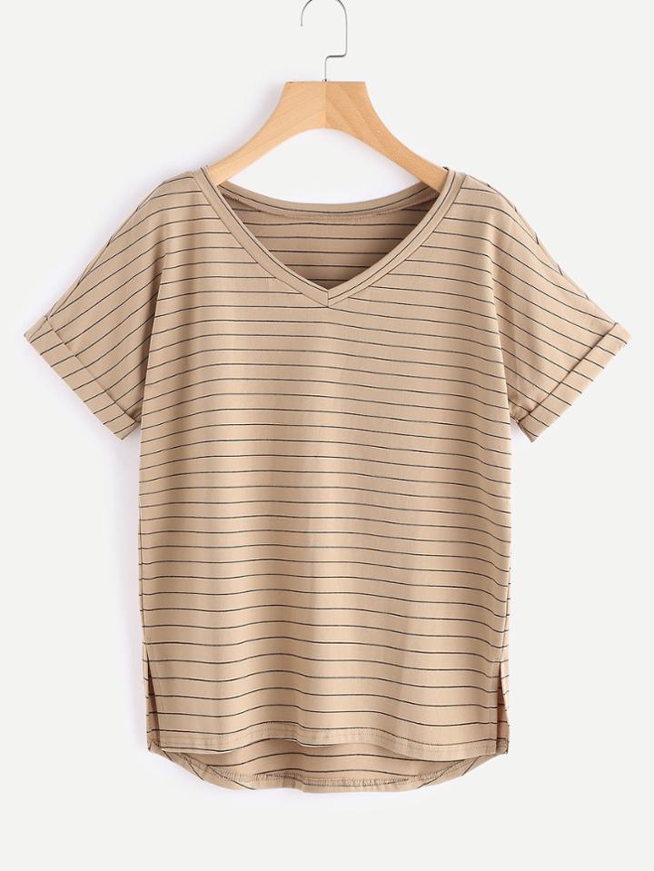 Romwe Slit Side High Low Cuffed Striped Tee