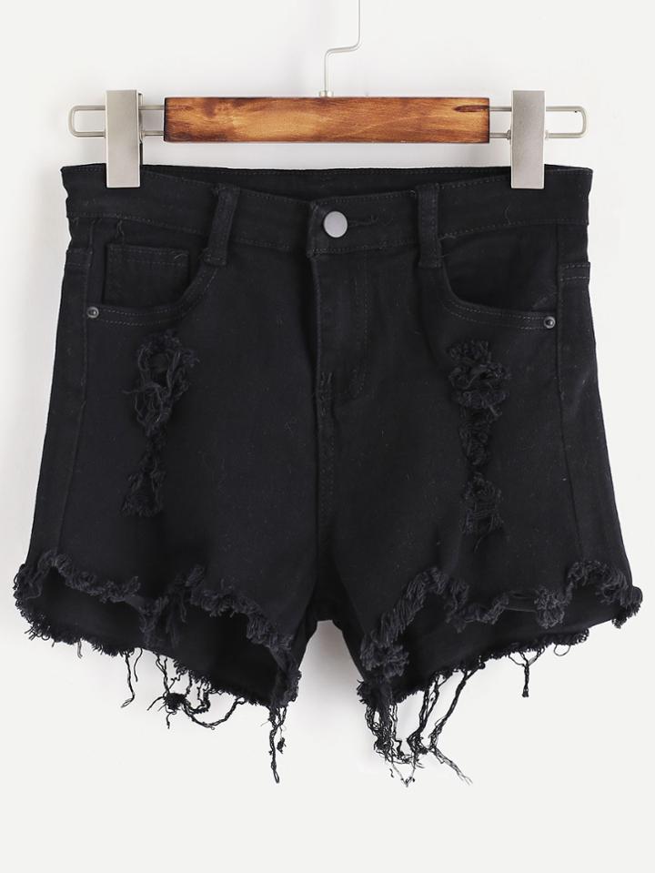 Romwe Asymmetric Fray Hem Destroyed Shorts