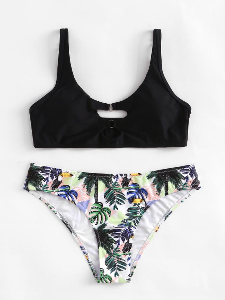 Romwe Coconut Tree Print Cut Out Bikini Set