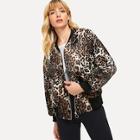 Romwe Leopard Print Zipper Bomber Jacket