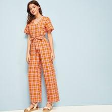 Romwe Tartan Print Belted Wide Leg Shirt Romper