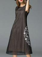 Romwe Black Gauze Embroidered Pockets Dress