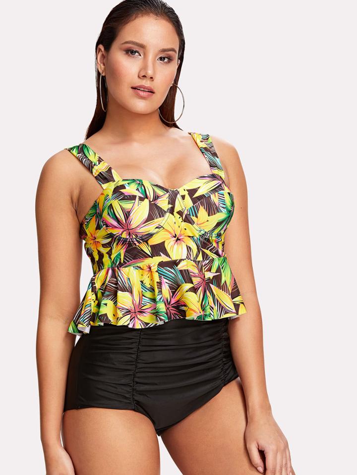 Romwe Flower Print Peplum Tankini Set