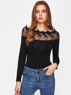 Romwe Embroidered Mesh Neck Slim Fit Tee