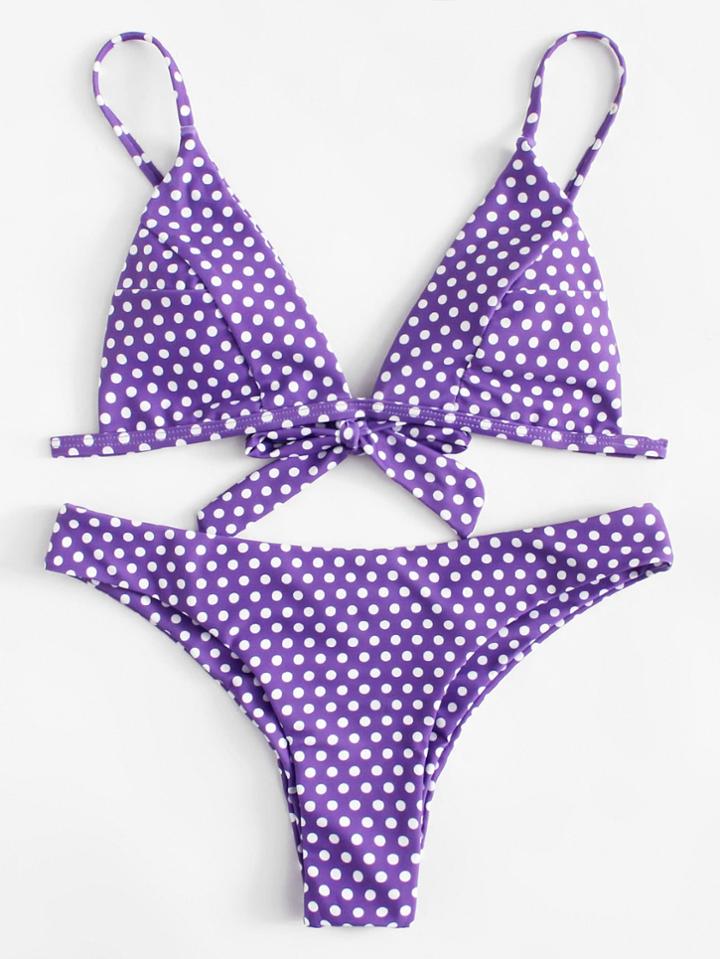 Romwe Polka Dot Self Tie Bikini Set
