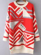 Romwe Red Geometric Pattern Rolled Neck Dip Hem Sweater Dress
