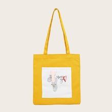 Romwe Cartoon Print Canvas Shopper Bag