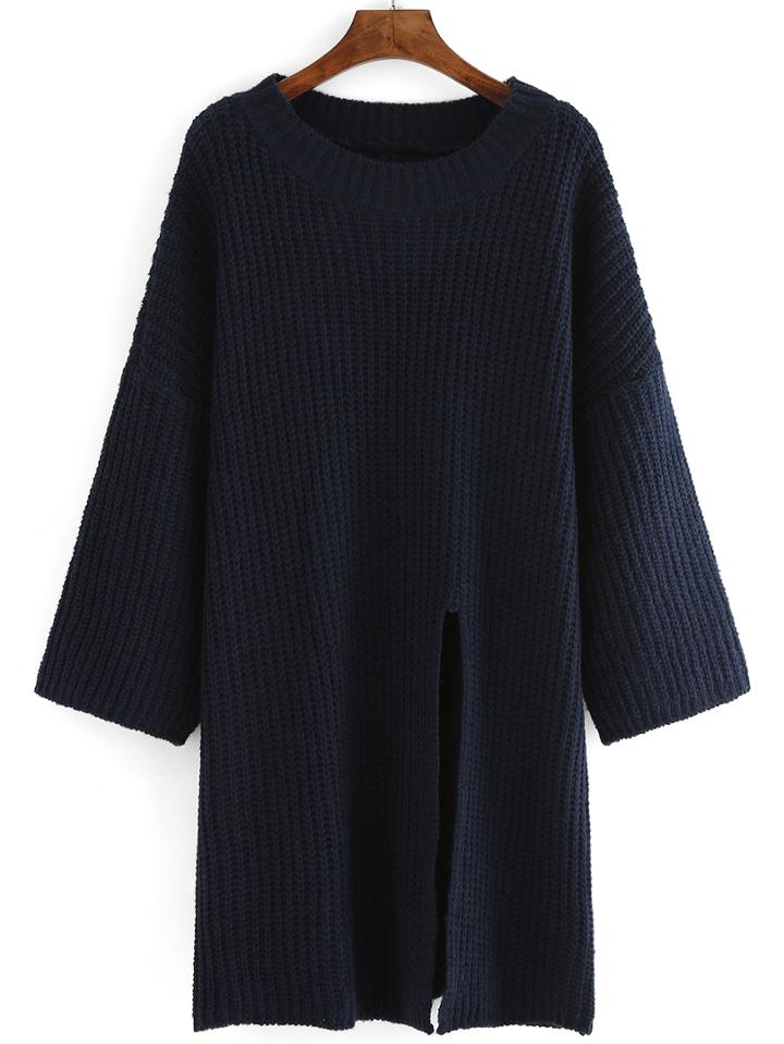 Romwe Round Neck Slit Long Sweater