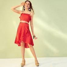 Romwe Polka Dot Ruffle Trim Cami Top With Wrap Knot Skirt