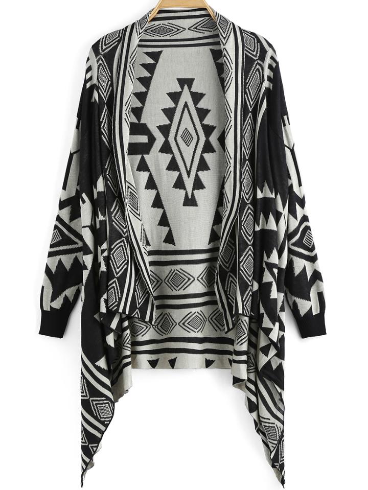 Romwe Black White Diamond Print Knit Cardigan