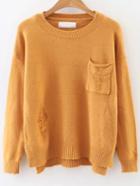 Romwe Yellow Ripped Dip Hem Sweater With Pocket