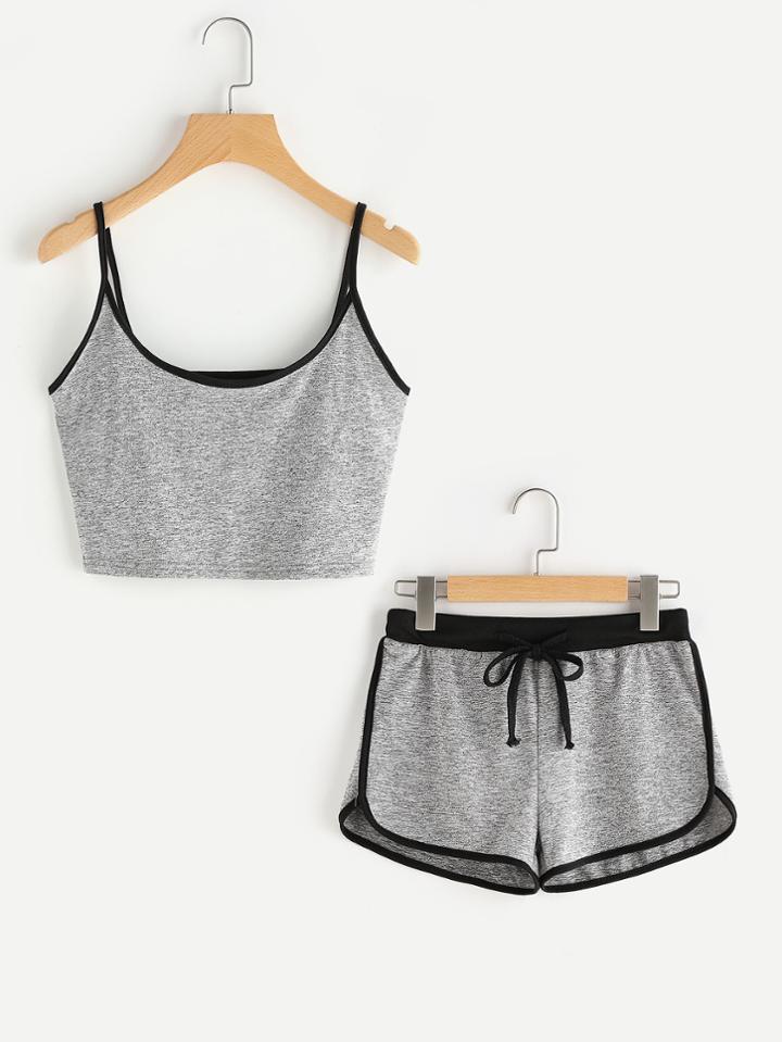 Romwe Ringer Crop Cami Top With Drawstring Shorts