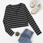 Romwe Striped Button Detail V Neck Tee