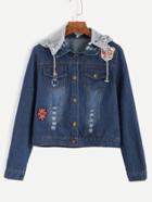 Romwe Blue Ripped Patches Denim Jacket With Removable Hood