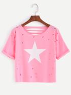 Romwe Pink Star Print Ripped Roll Sleeve T-shirt