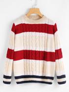 Romwe Contrast Stripe Trim Cable Knit Sweater