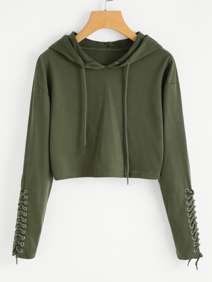 Romwe Grommet Lace Up Sleeve Crop Hoodie