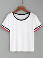 Romwe White Striped Cuff Short Sleeve T-shirt
