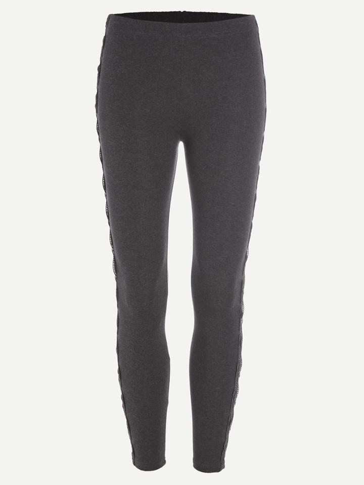 Romwe Deep Grey Crochet Applique Side Skinny Leggings