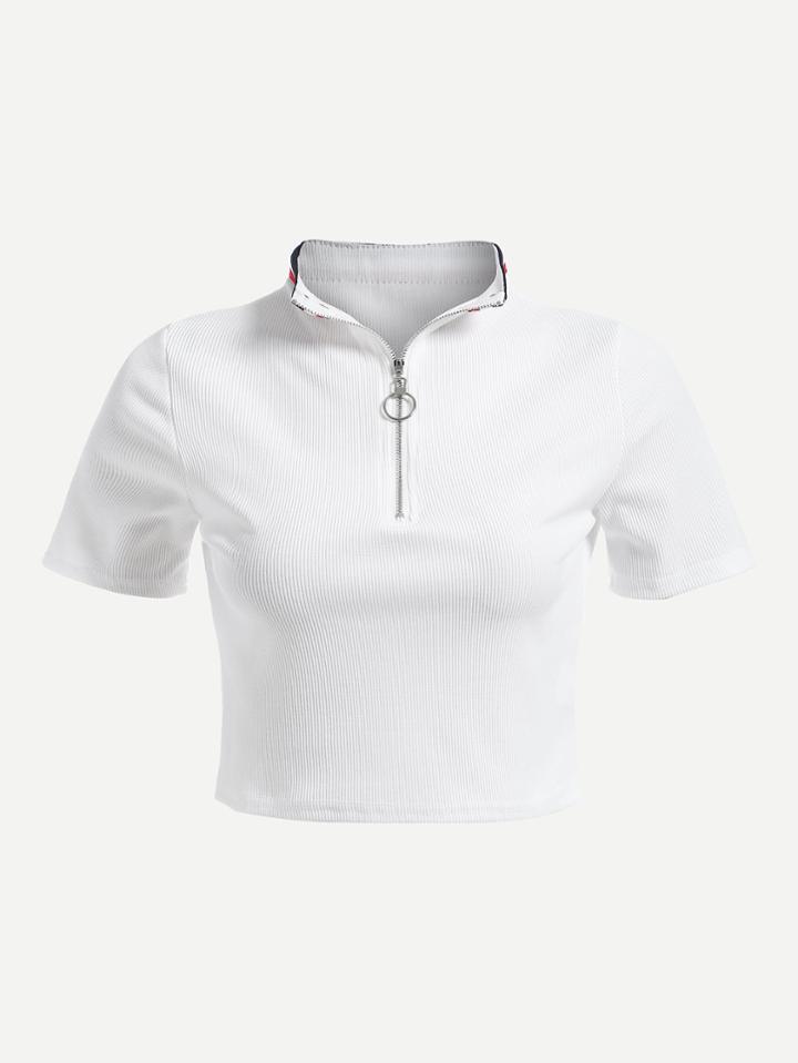 Romwe Striped Neck Zip Up Ribbed Tee