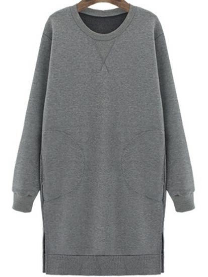 Romwe Slit Pockets Loose Pale Grey Dress