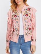 Romwe Botanical Embroidery Flounce Bomber Jacket