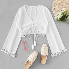 Romwe Drawstring Tassel Trim Crop Blouse