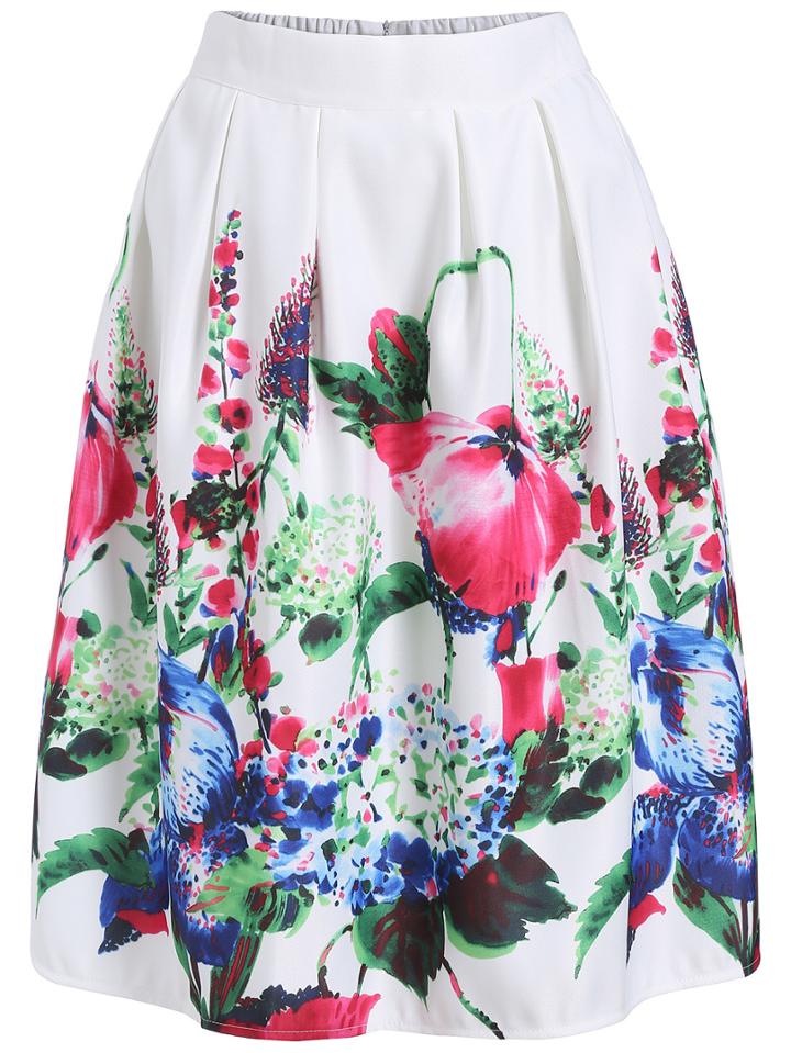 Romwe Colour Elastic Waist Floral Flare Skirt