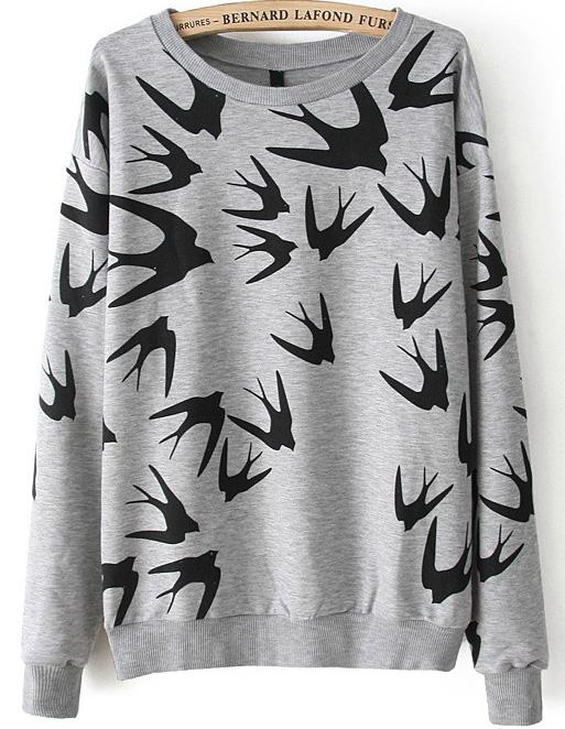 Romwe Swallow Print Grey Sweatshirt
