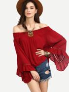 Romwe Burgundy Shirred Off The Shoulder Bell Sleeve Top