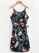Romwe Floral Leaf Print Wrap Self Tie Cami Dress