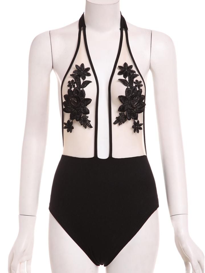 Romwe Contrast Flower Embroidered Mesh One-piece Swimwear