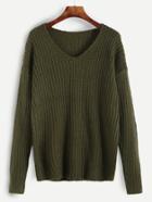 Romwe Olive Green Ribbed Knit Drop Shoulder Sweater