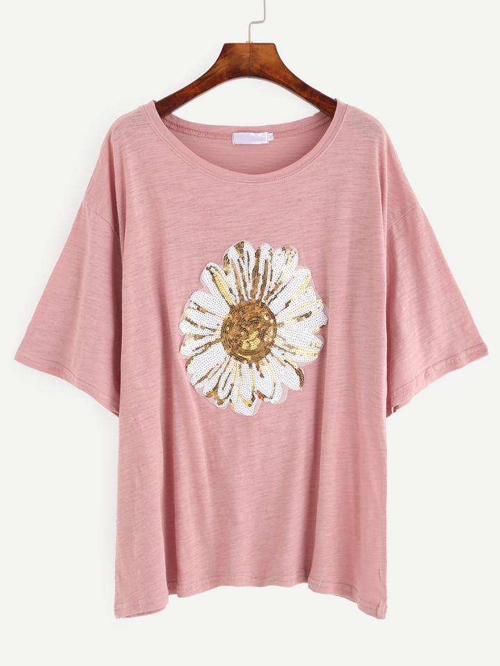 Romwe Pink Sequins Embedded Drop Shoulder T-shirt