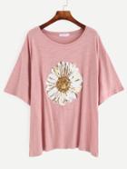 Romwe Pink Sequins Embedded Drop Shoulder T-shirt