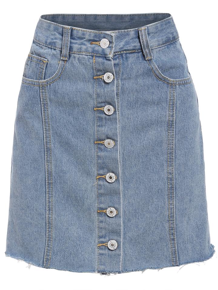 Romwe Single Breasted Frayed Denim Skirt