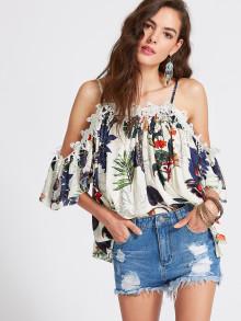 Romwe Plant Print Open Shoulder Appliques Cami Top