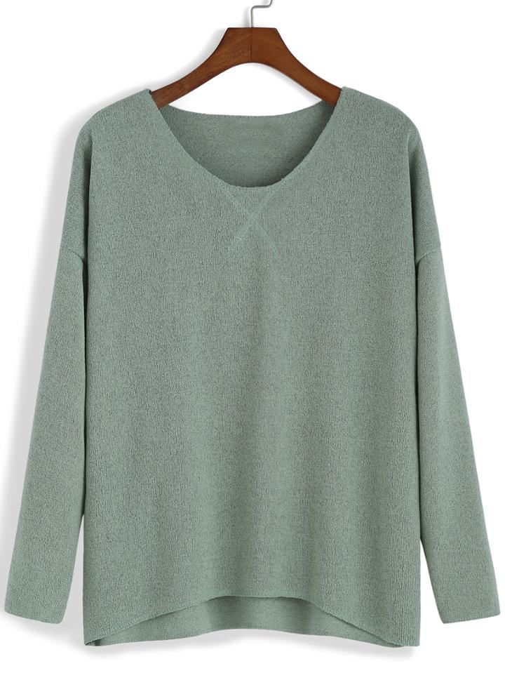 Romwe Long Sleeve Dip Hem Green T-shirt