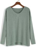 Romwe Long Sleeve Dip Hem Green T-shirt