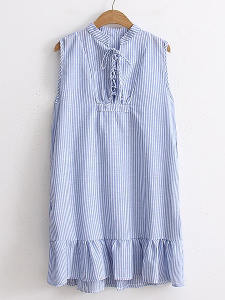 Romwe Lace Up Neck Ruffle Hem Sleeveless Dress