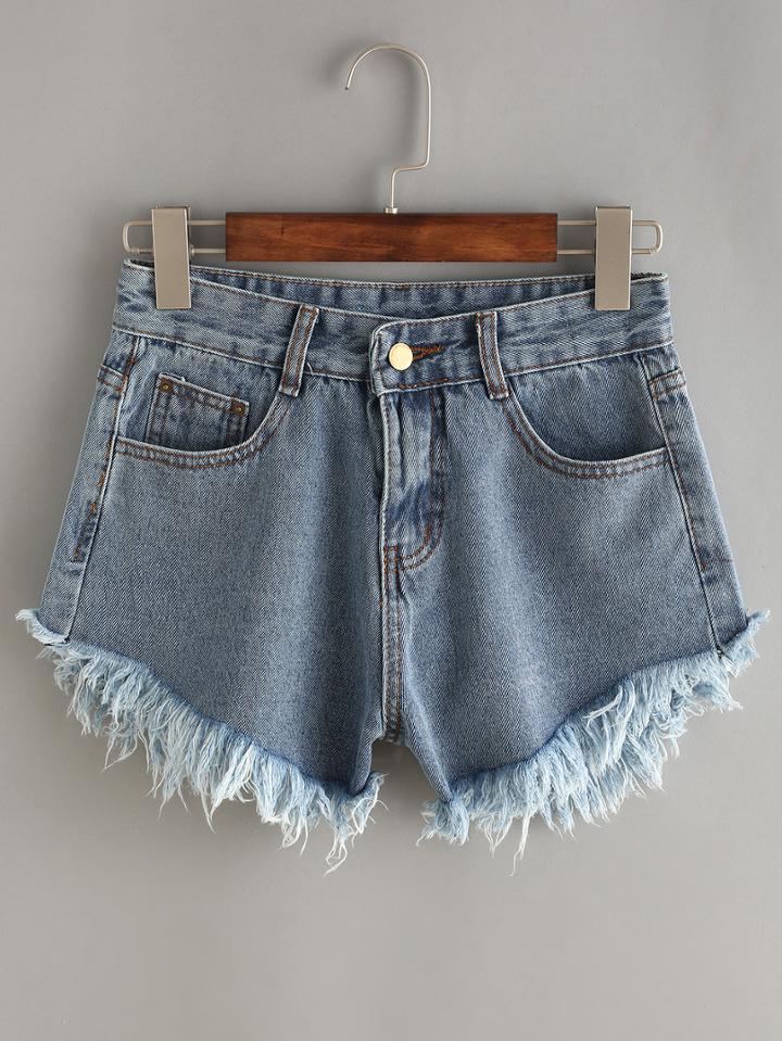 Romwe Frayed Light Blue Denim Shorts