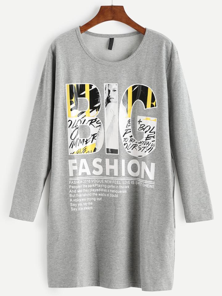Romwe Grey Letter Print Long Sleeve Pocket Sweatshirt Dress