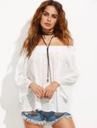 Romwe White Off The Shoulder Eyelet Shirred Top