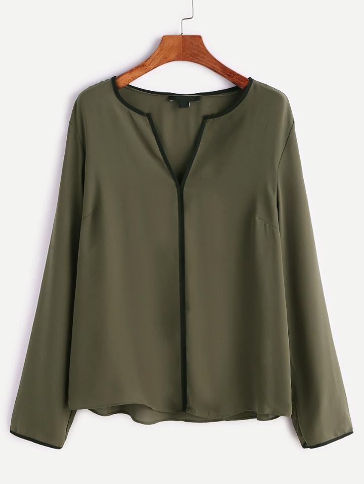 Romwe Army Green V Cut Neck Piping Detail Blouse