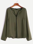 Romwe Army Green V Cut Neck Piping Detail Blouse